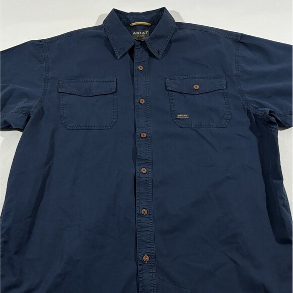 Ariat Mens Navy Rebar Washed Twill S/S Button Cotton Work Shirt Pocket Sz XL - Picture 2 of 14